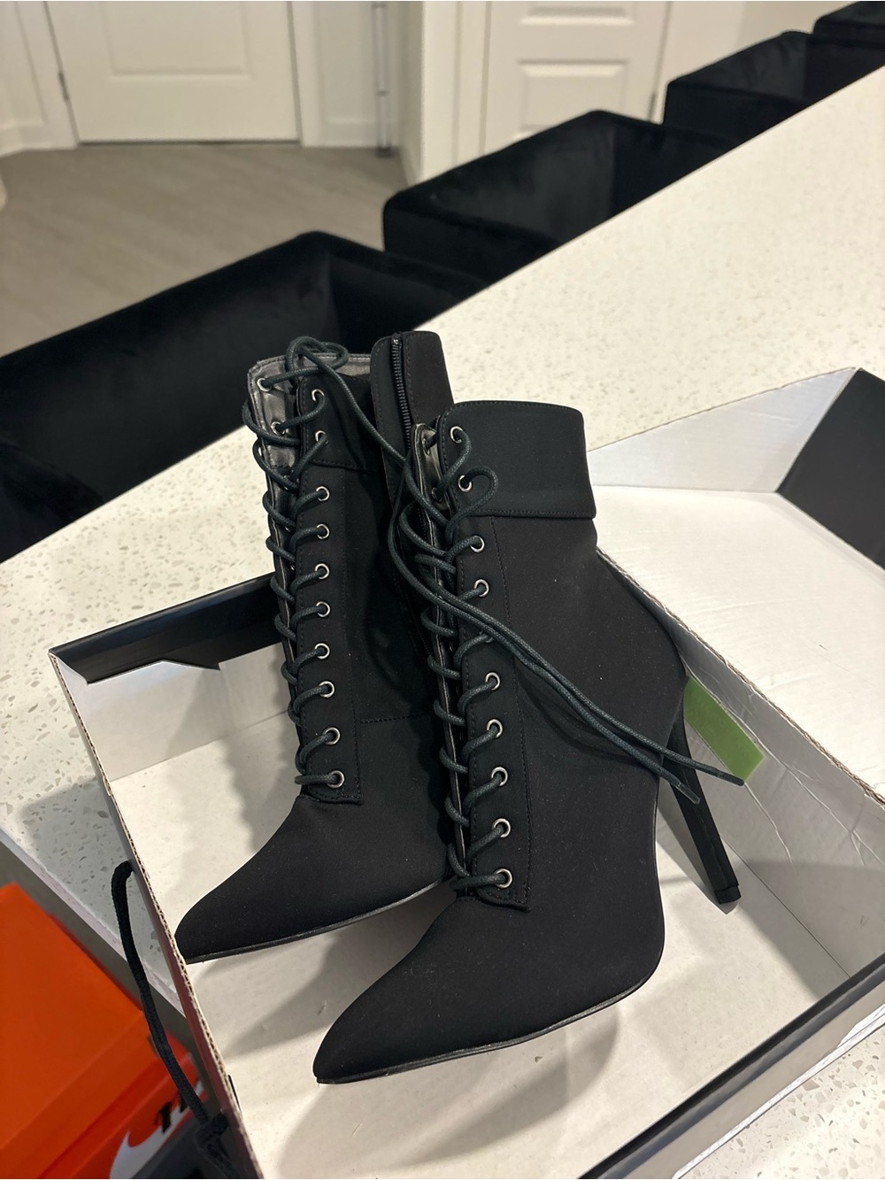 Fashion Nova Black Lace-Up Pointed Stiletto Ankle Boots